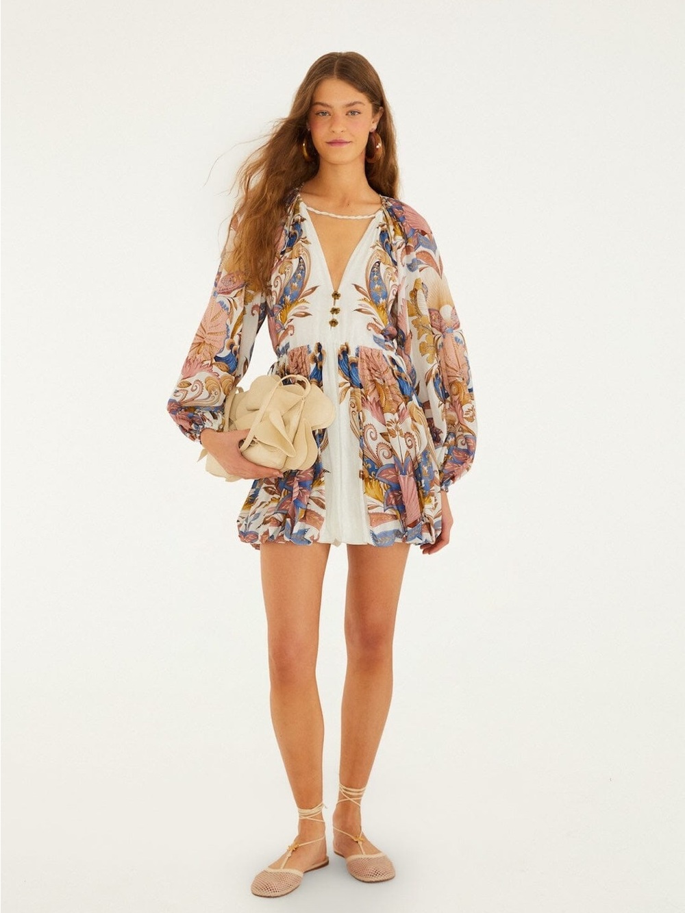 Farm Rio Sea Garden Long-Sleeve Plunge
Mini Dress NWT